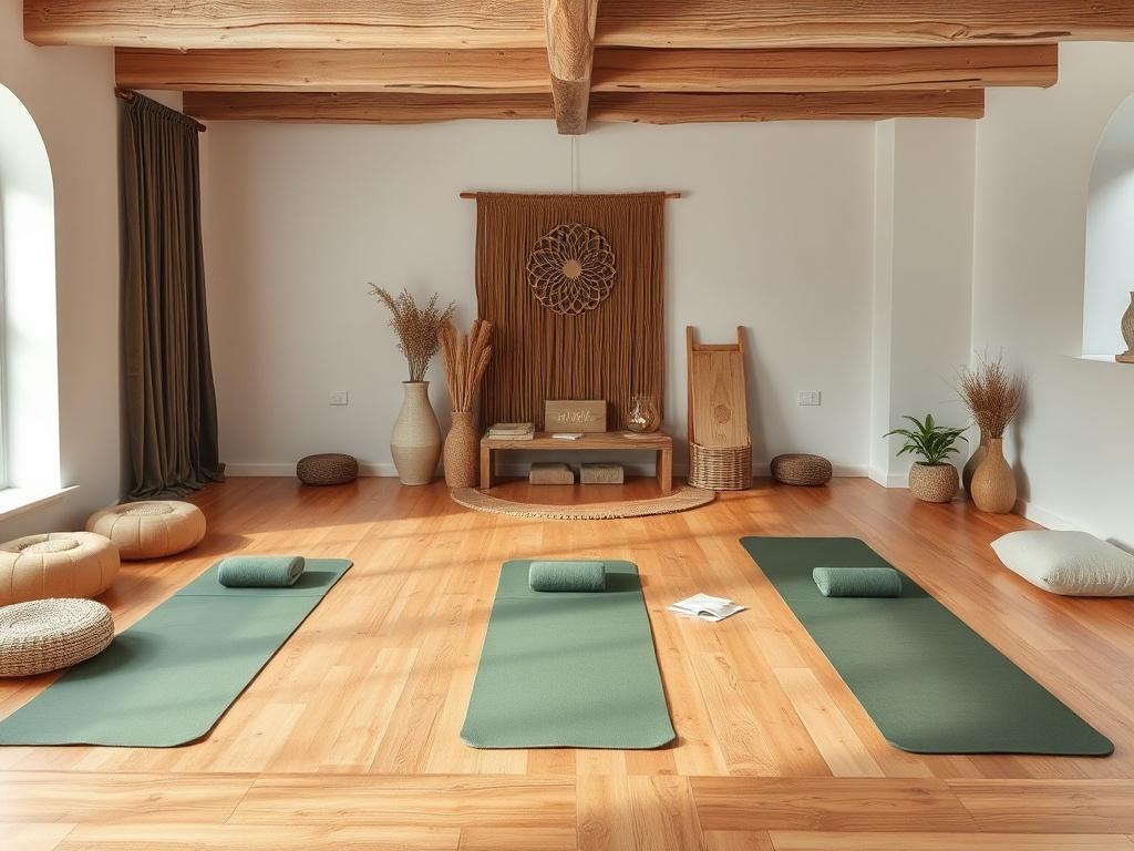 A serene wellness studio equipped with high-quality yoga mats, meditation cushions, and other studio equipment, set against a backdrop of calming colors and natural materials. The space should convey a peaceful and inviting atmosphere, emphasizing a clean and green aesthetic.