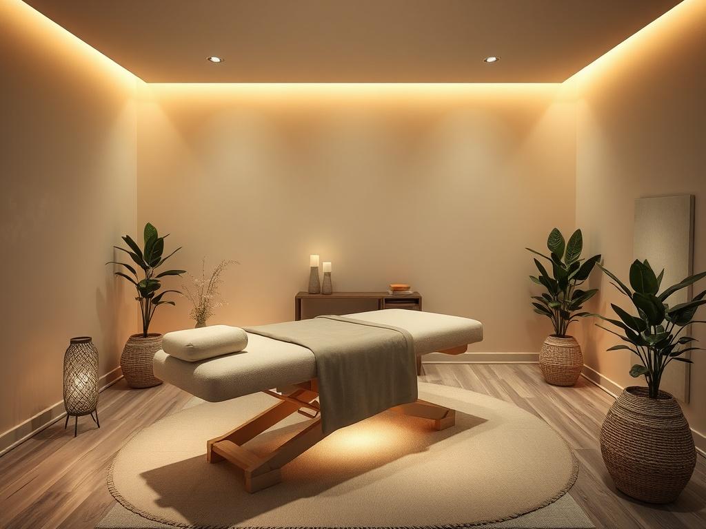 A luxurious treatment room designed for wellness professionals. The room features an adjustable treatment table with soft, earthy linens, surrounded by soothing ambient lighting. The walls are painted in calming, natural tones, and there are potted plants in the corners to enhance the serene ambiance. The overall aesthetic conveys a sense of tranquility and luxury, inviting clients to relax and rejuvenate.