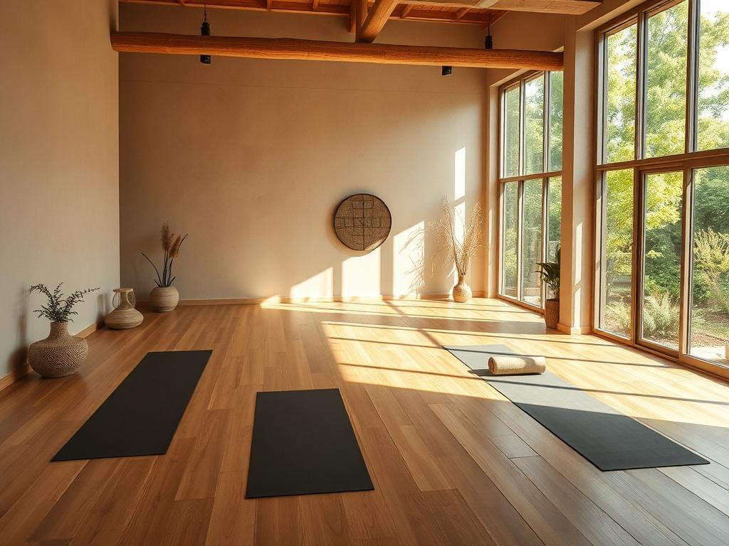 A peaceful wellness studio at Bliss Building, featuring a spacious area designed for yoga and meditation. The room is bathed in warm, natural light, highlighting the soft, earthy colors of the walls and flooring. Large windows provide a view of lush greenery outside, creating a harmonious connection with nature. Yoga mats are neatly arranged, and calming decor enhances the serene atmosphere. The design prioritizes tranquility and mindfulness, making it an ideal space for wellness professionals to conduct cl