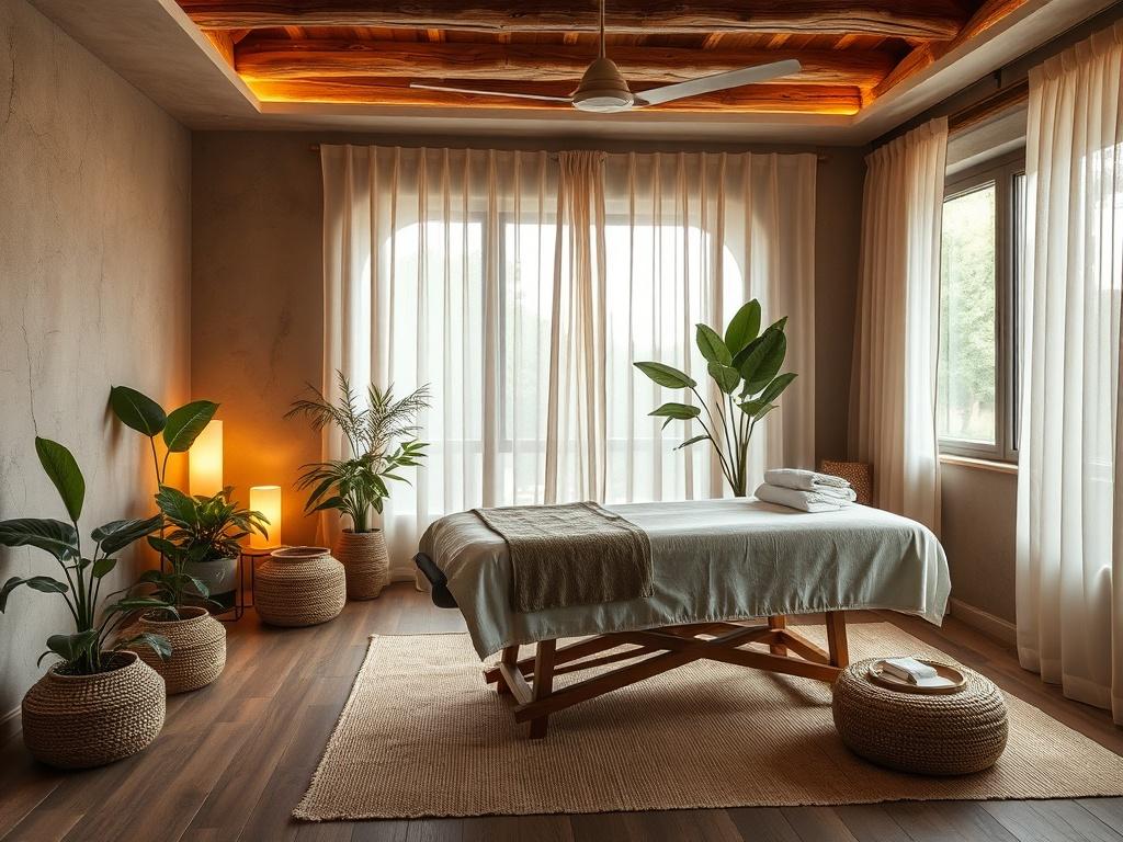 A luxurious treatment room designed for wellness professionals, featuring a massage table, soft ambient lighting, and earthy textures. The room should have calming colors, natural materials, and a peaceful atmosphere. Include plants for a touch of greenery and a window with soft curtains allowing natural light to filter in, creating a serene and inviting space.